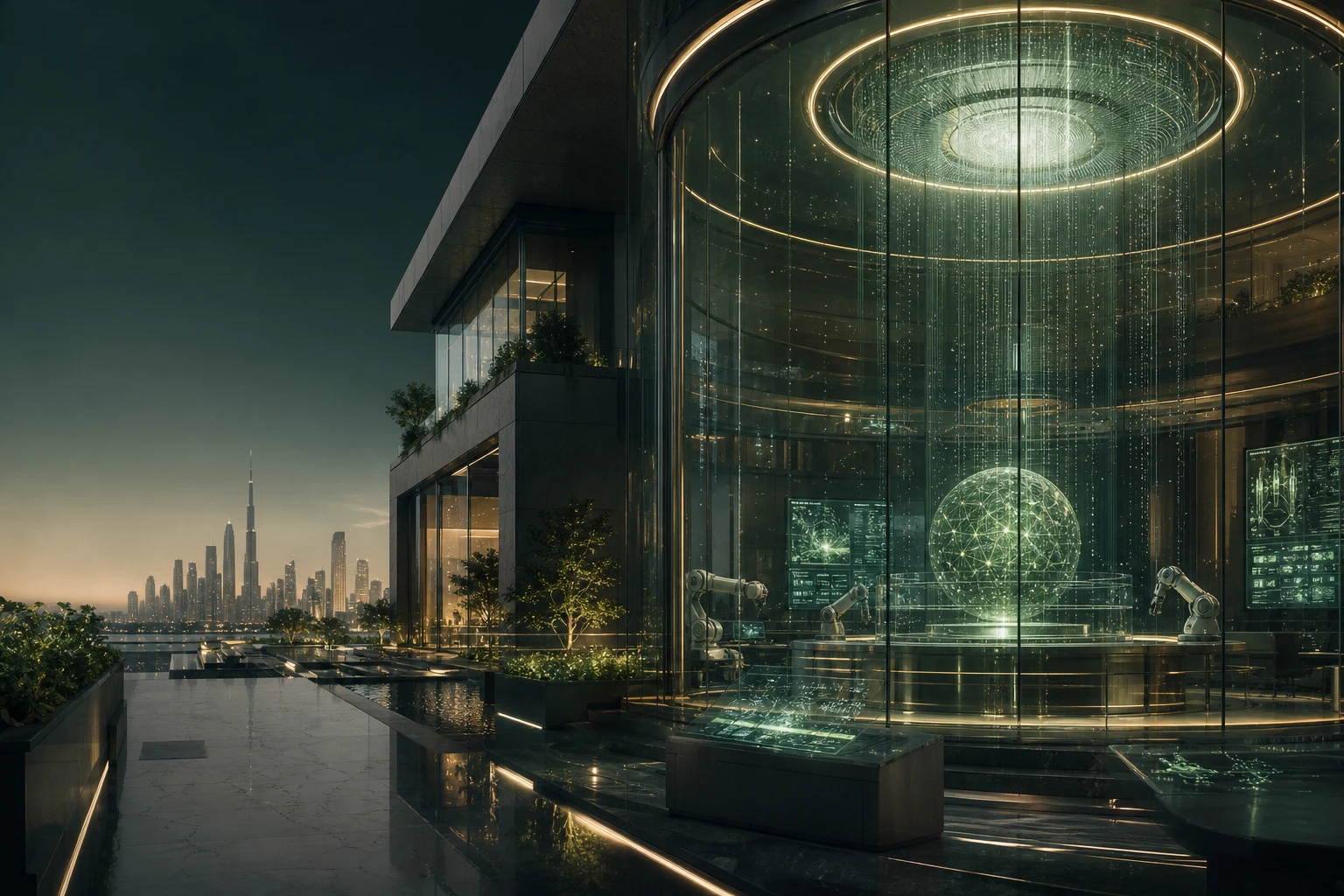 A conceptual near-future Vine Labs intelligence research environment overlooking Dubai.