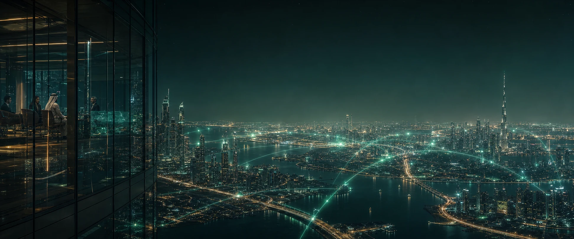 A wide, cinematic view of connected Dubai at night.